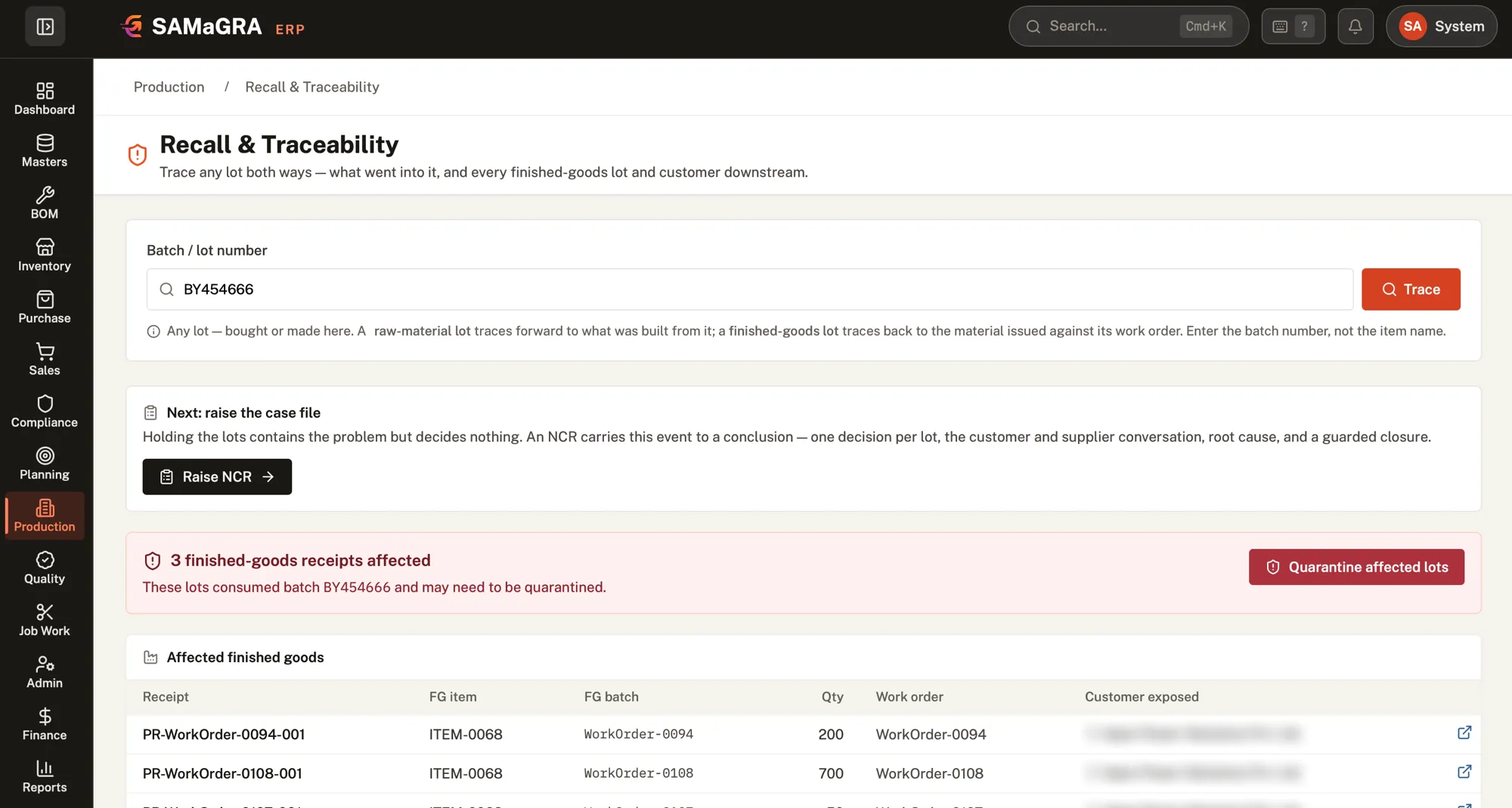 SAMaGRA recall and traceability screen: a batch number traced to three finished-goods receipts, with a quarantine action